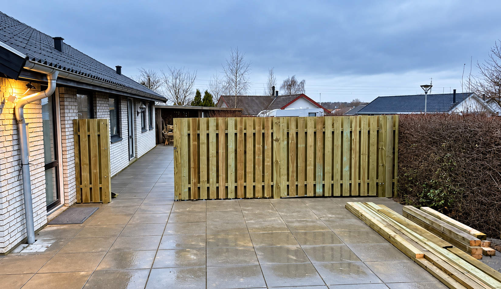 Ny træhegn på våd terrasse